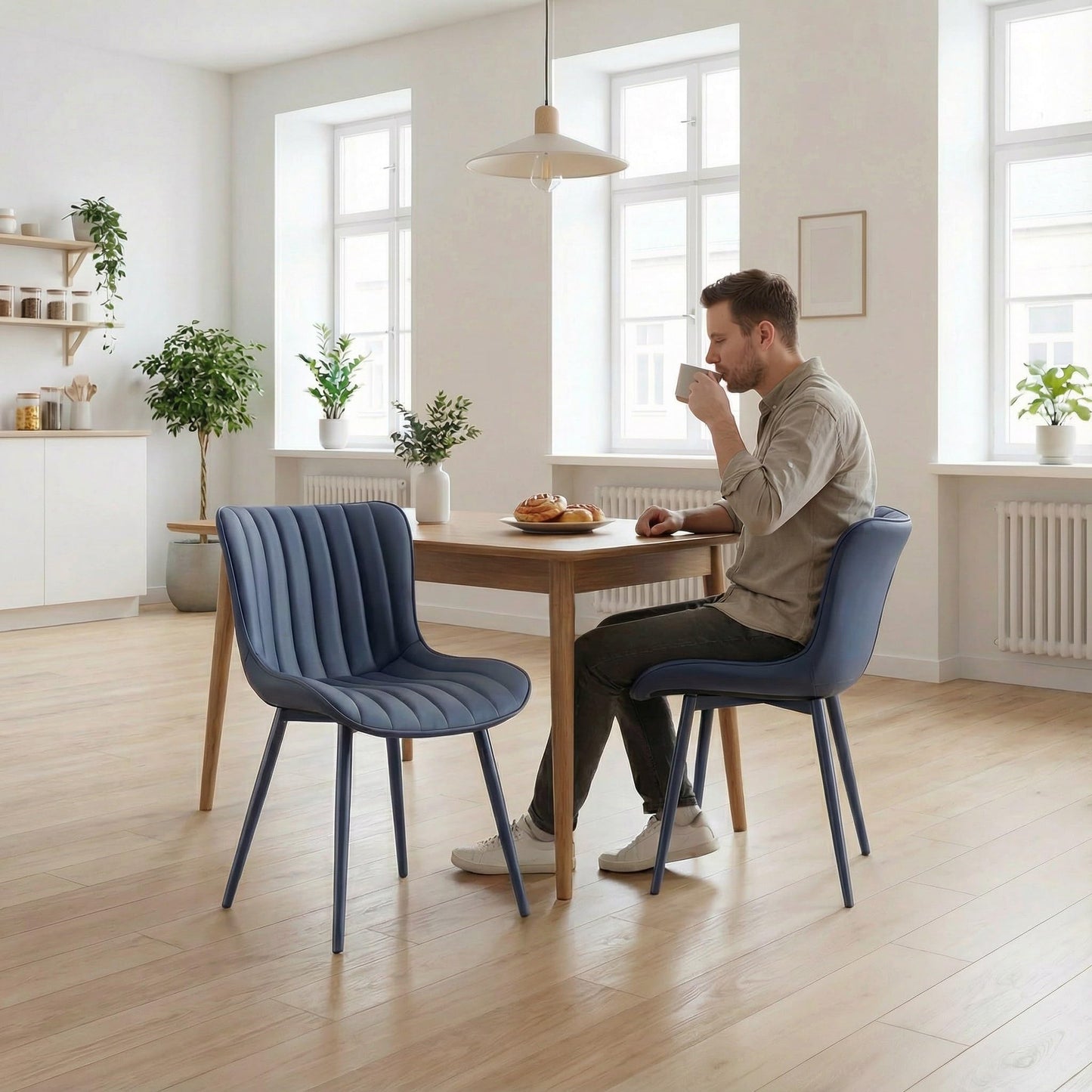 YOUNUOKE Mid-Century Modern Dining Chairs Set of 2, Navy Blue PU Leather Upholstered Kitchen Chairs with Navy Blue Metal Legs, Armless Accent Chair for Dining Room, Guest Reception Room
