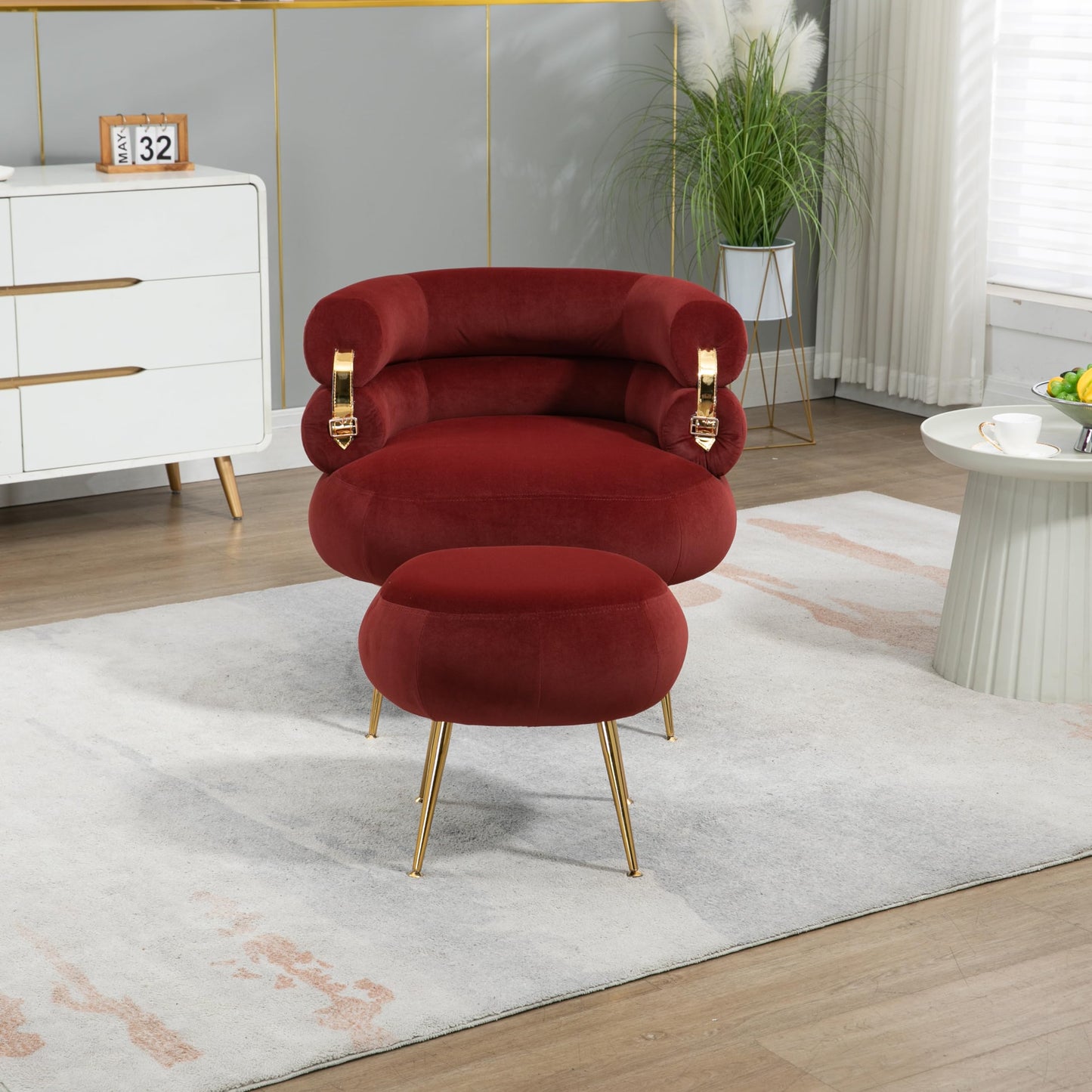 Upholstered Velvet Barrel Accent Chair with Ottoman,Accent Comfy Lounge Arm Chair and Footrest Stool Set,Single Sofa Armchair with Lounge Seat for Bedroom,Office (Wine Red)