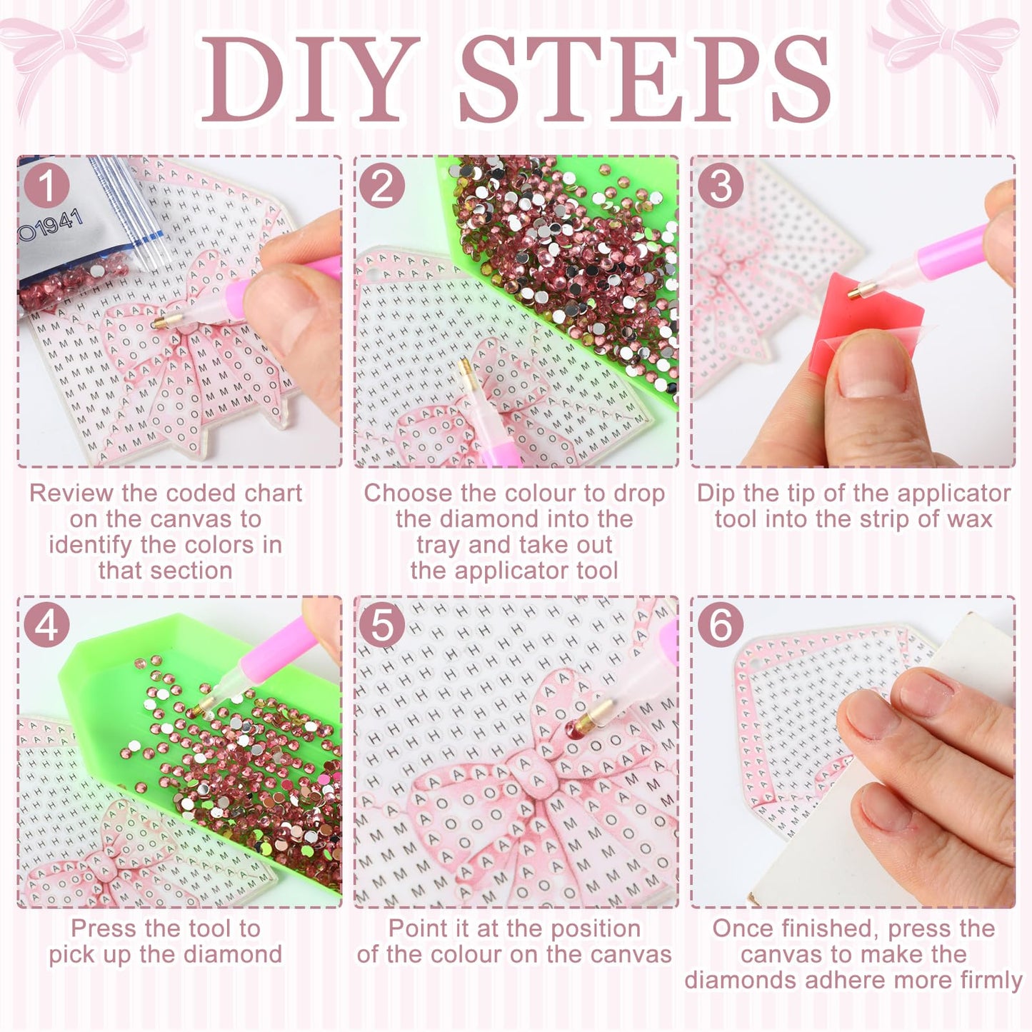 Aurelema 20 Pieces Pink Bow Diamond Painting Keychains Coquette Party Diamond Art Keychain 5d DIY Painting Art Kits for Women Crafts Party Decor