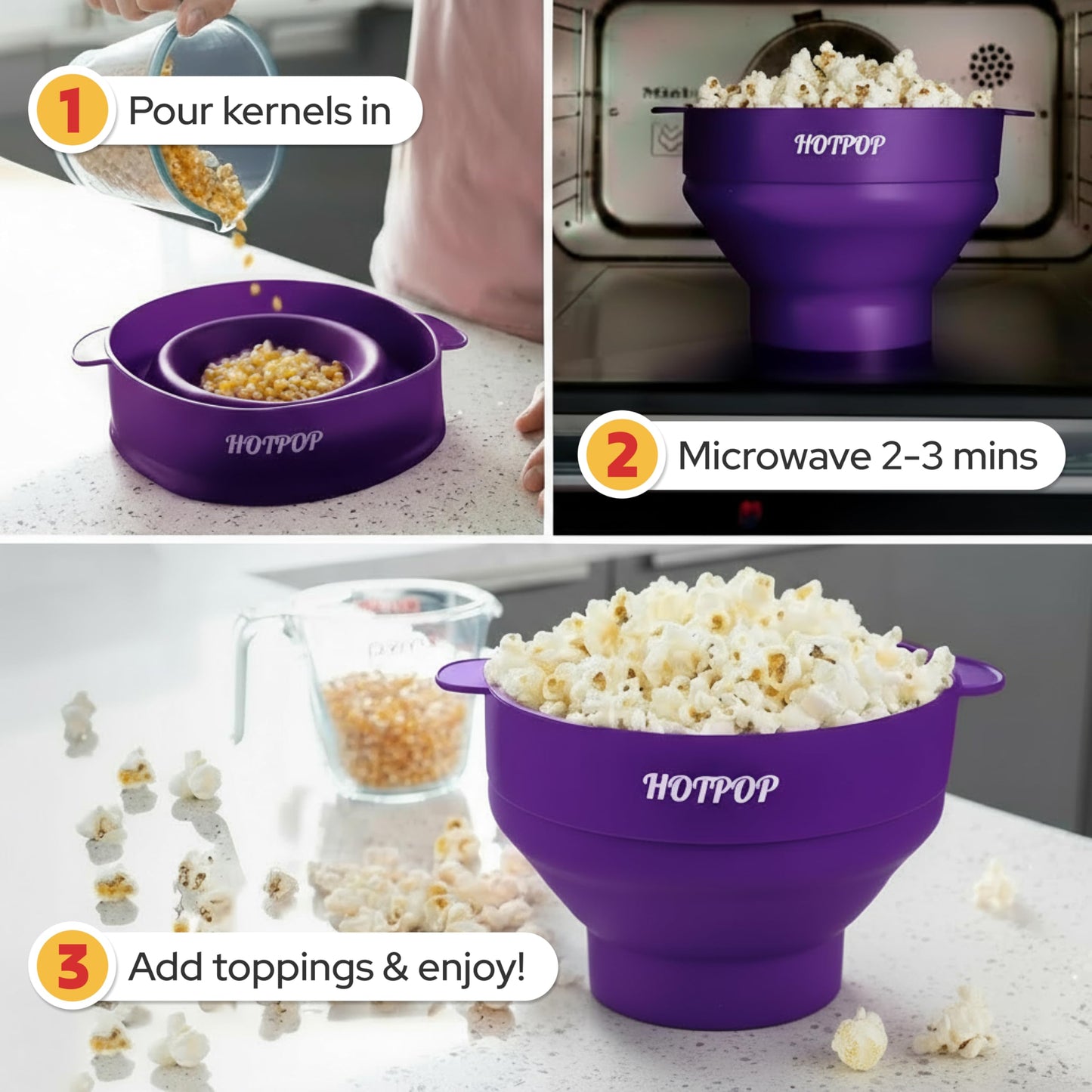 The Orginal HotPop Silicone Popcorn Maker - Microwave Popcorn Popper with Handles - Collapsible Bowl, Heat-Resistant, Easy to Clean, Ideal for Family Movie Nights, 15-Cup Capacity - Red
