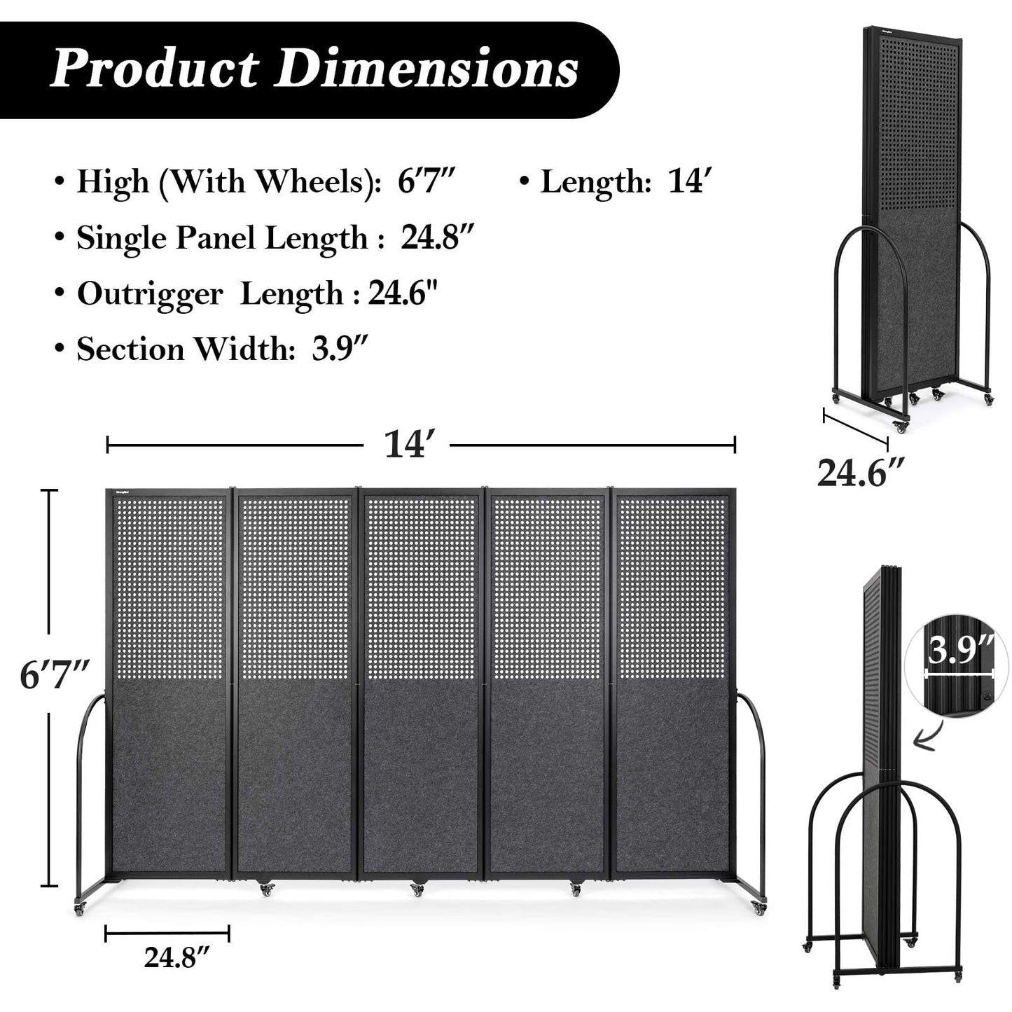 Folding Room Partition,Freestanding Privacy Divider,Portable Office Divider Wall,Commercial Space Partition Screen,Perforated Felt Panel Design,10'6"W x 6'7"H,5 Panel,Dark Grey