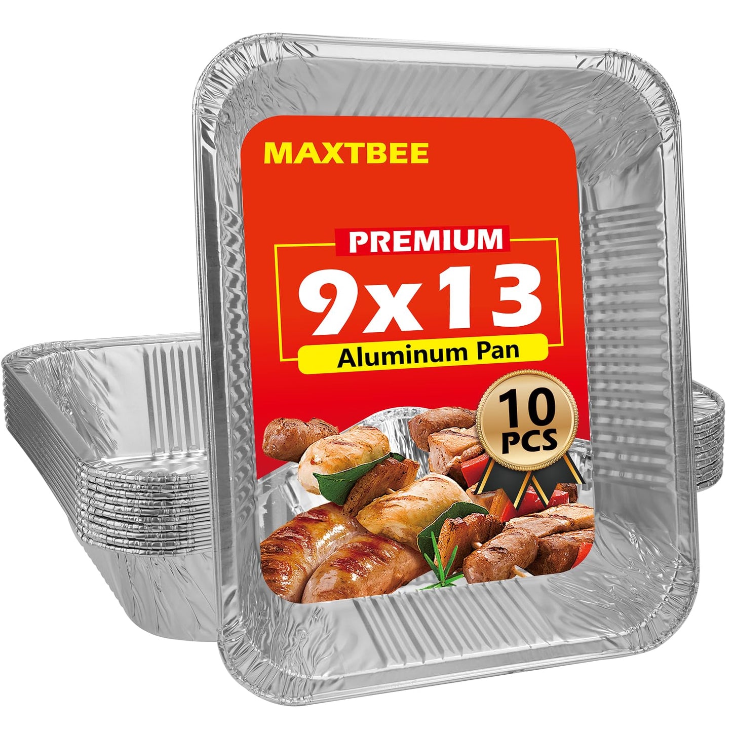 MAXTBEE 9x13 Aluminum Foil Pans, 10 Pack Disposable Trays Half Size Heavy Duty Tin Pans Deep Food Containers For Cooking, Meal Prep, Baking, Roasting, Chafing, Heating or Steam Table