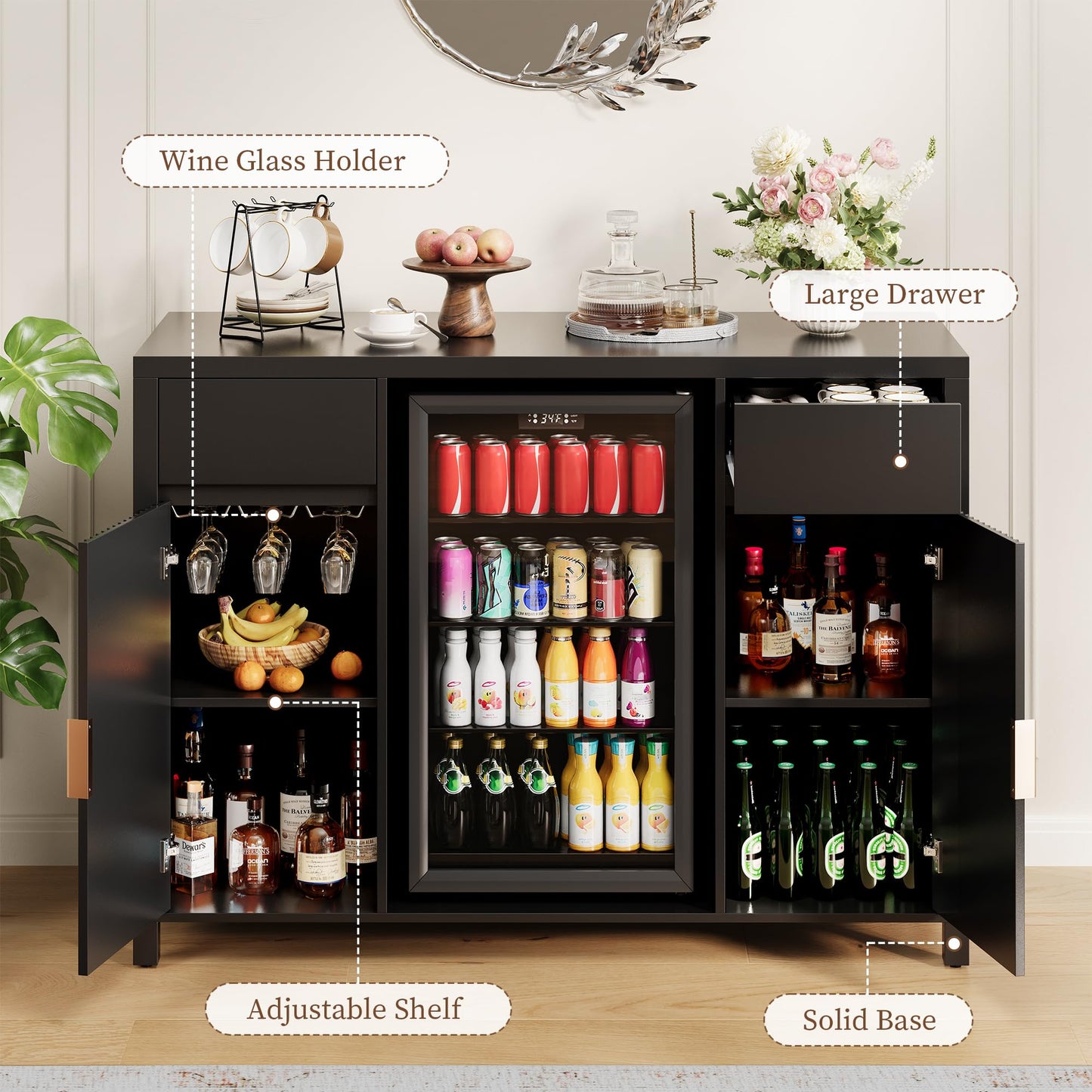 Garvee 53" Large Coffee Bar Cabinet with Fridge Space, Mini Fridge Cabinet with Wine Storage, Buffet Sideboard Table for Home, Fluted Liquor Cabinet with Wine Rack for Home, Living Room-Black