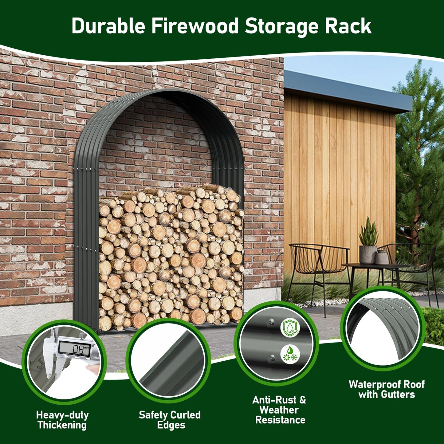 A ANLEOLIFE 4-Set Galvanized Steel Firewood Storage Rack with Weatherproof Corrugated Roof, Heavy Duty Outdoor Log Holder for Patio Porch Fire Pit, Arch Gray