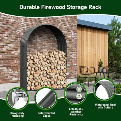 A ANLEOLIFE 6-Set Galvanized Steel Firewood Storage Rack with Weatherproof Corrugated Roof, Heavy Duty Outdoor Log Holder for Patio Porch Fire Pit, Arch Gray