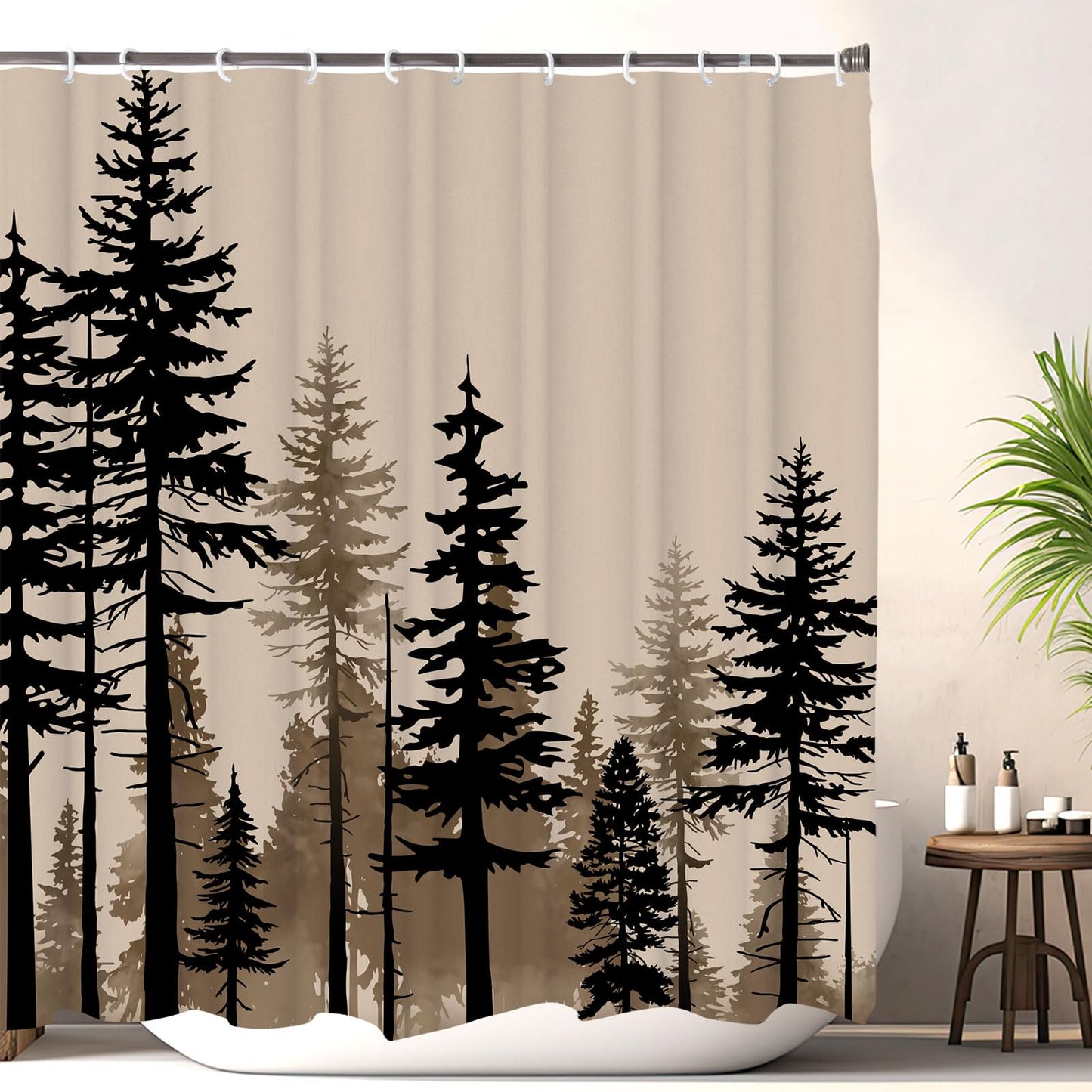 LKFBSC Farmhouse Forest Shower Curtain, Pine Trees Retro Vintage Misty Woodland Fabric Shower Curtains Set, Nature Cabin Cottage Rural Bathroom Curtains with Hooks, Brown Black 72x72inch