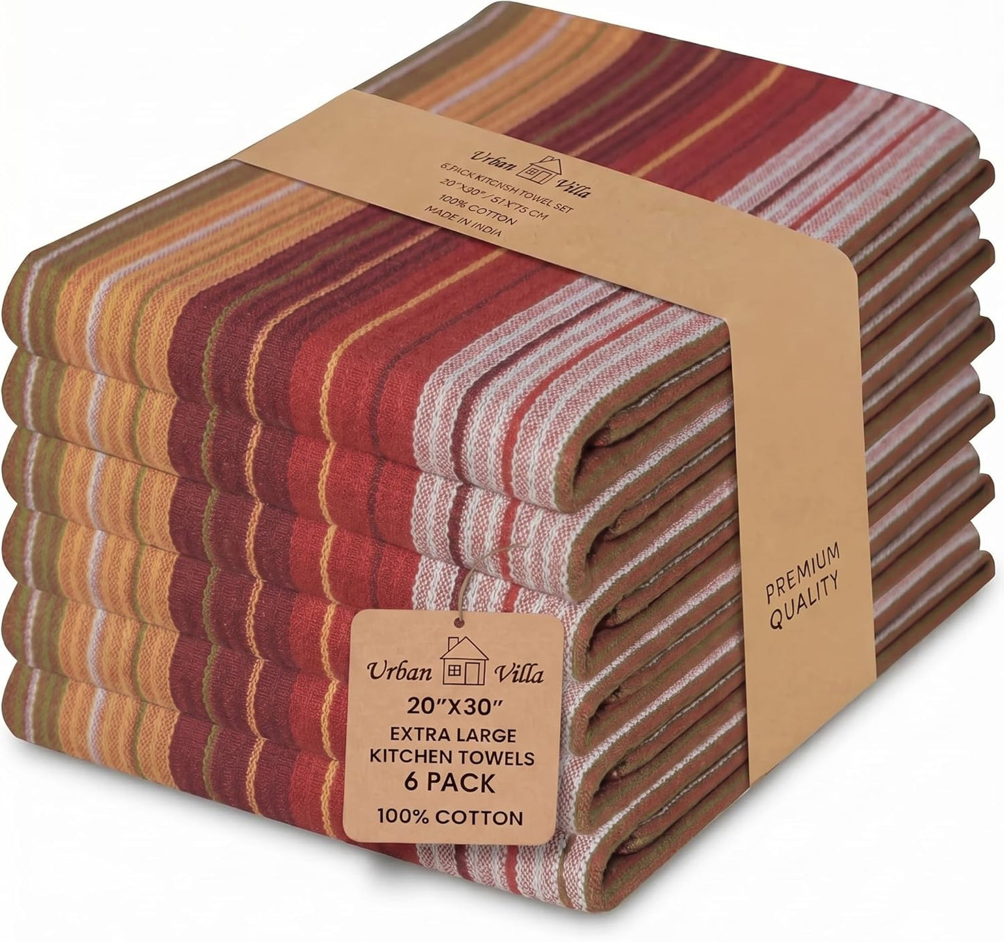 Set 6 20" X30 100% Urban Villa Kitchen Towels Harvest Stripes Towels of Cotton Highly Absorbent Quick Drying Dish