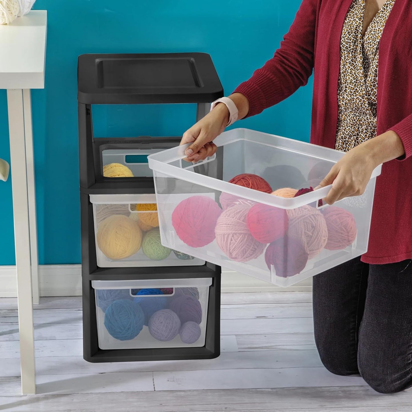 CLMSTE 3 Plastic Drawer Wide Tower Plastic Storage Cart with Clear Pull Out Drawers, Black (Black, Drawer Wide Tower)