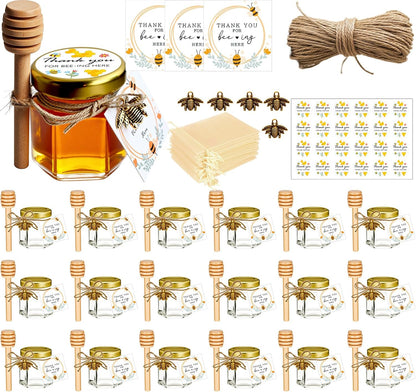 20 Pack Adabocute Mini Honey Jars with Dipper - Perfect for Baby Shower Favors and Wedding Favors - Includes Bee