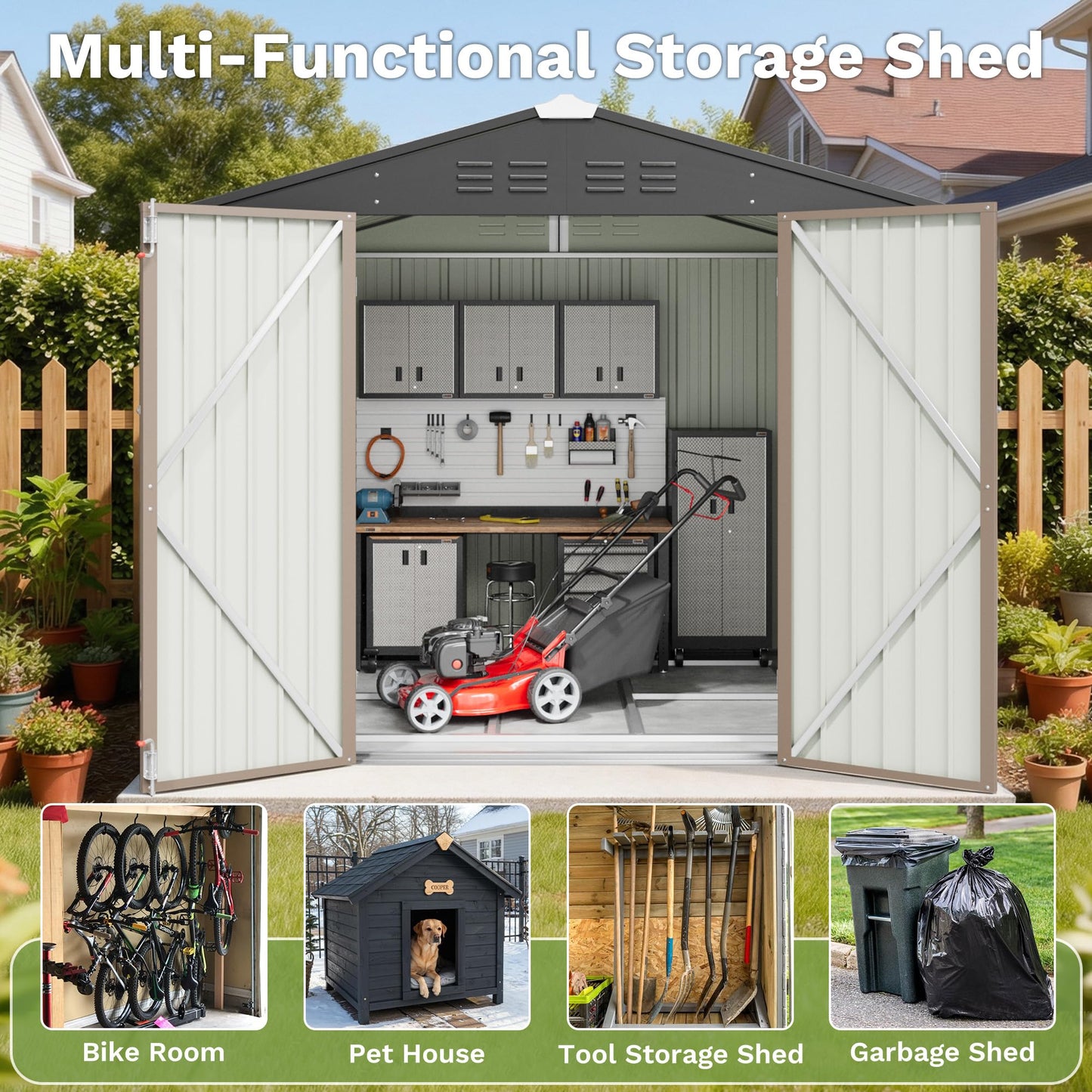 Greesum 8x6FT Outdoor Storage Shed with Base, Utility Tool Shed with Sloping Roof, Metal Storaged Garden Shed with Door & Lock for Patio Storage, Brown