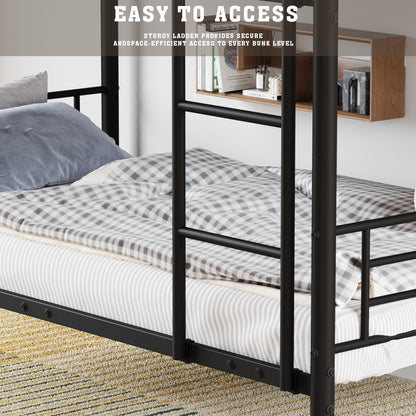 KEIKI Triple Bunk Bed Twin Size,Convertible Metal 3 Tier Bunkbeds with Built-in Ladder,Safety Guardrails,Detachable to 3 Single Beds,for Teens,Adults Bedroom,Dorm,Guest Room,No Box Spring Needed,Black