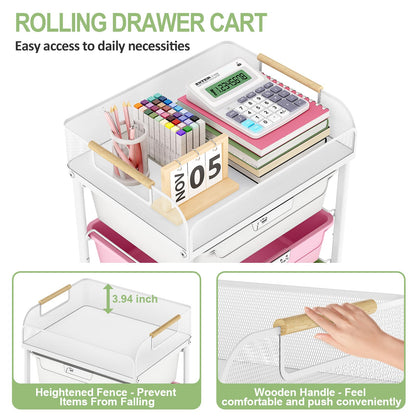 SYKIARIOL Rolling Cart with 4 Drawers,4 Tiers Rolling Utility Cart Craft Cart,Rolling Storage Drawer Cart with Mesh Top,Storage Cart with Drawers & 4 PCS DIY Lable, Classic Colorful