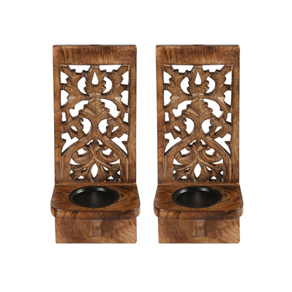 Wall Mount Rustic Candle Sconces Set of 2 - Wooden Floating Shelf Pillar Candle Holders, Farmhouse Wall Décor for Living Room & Bedroom - 16 Inch - Antique Burnt