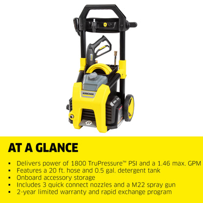 Kärcher Electric Pressure Washer K1800PS, CETA Certified, 3 Spray Nozzles, Detergent Tank, for Cars, Driveways, Siding, Patios, 1.2 GPM