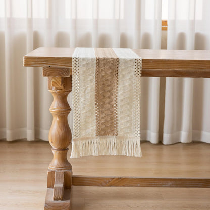 12x60 Inches Keketoarrange Boho Table Runner Cream Beige Brown for Home Decor Farmhouse Small Macrame Woven Burlap
