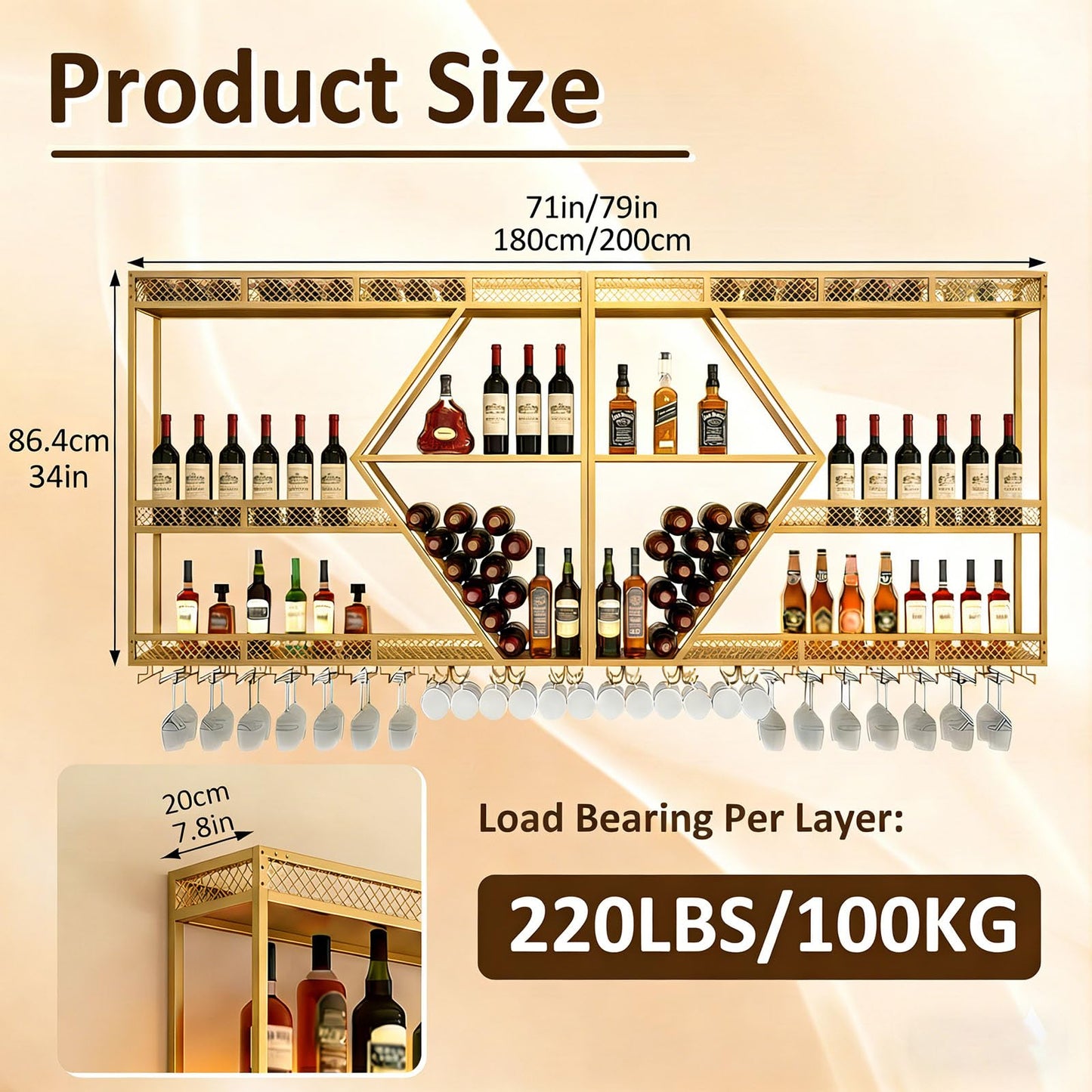 Wall Mounted Wine Rack, 71 Inch, 3-Tier Metal Bottle Shelf with Wine Glass Holder and LED Lights, Industrial Style for Home Bar, Restaurant (Gold, 71in)