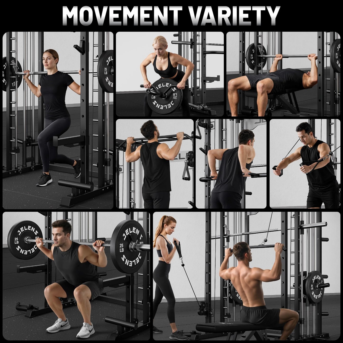 JELENS Smith Machine for Home Gym, Multi-Function M12 Power Cage, Squat Rack with Smith Bar and More Attachment (Black, Weight Bench Package)
