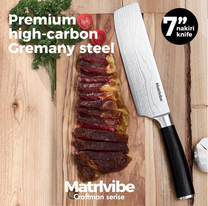 MATRLVIBE Nakiri Knife - 7” Razor Sharp Vegetable Cleaver, High Carbon Steel Kitchen Knife,Multipurpose Japanese Chef Knife for Meat Chopping with Premium Pakkawood Handle, Gift box and Sheath