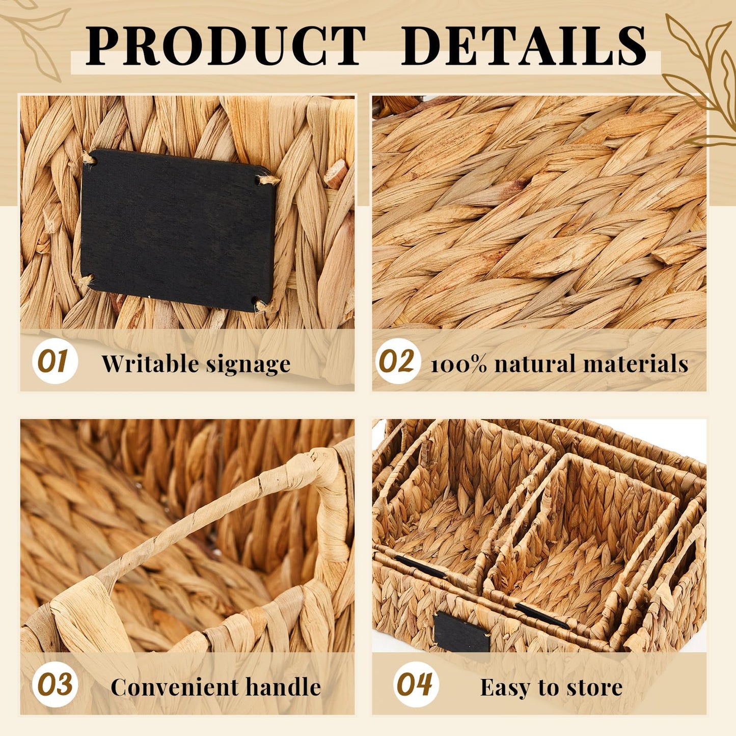Wonderjune 4 Pcs Water Hyacinth Storage Basket Set Boho Wicker Rattan Pantry Basket with Chalkboard Label Handles Woven Container Kitchen Laundry Large Small for Shelves Food Home Bathroom Decor