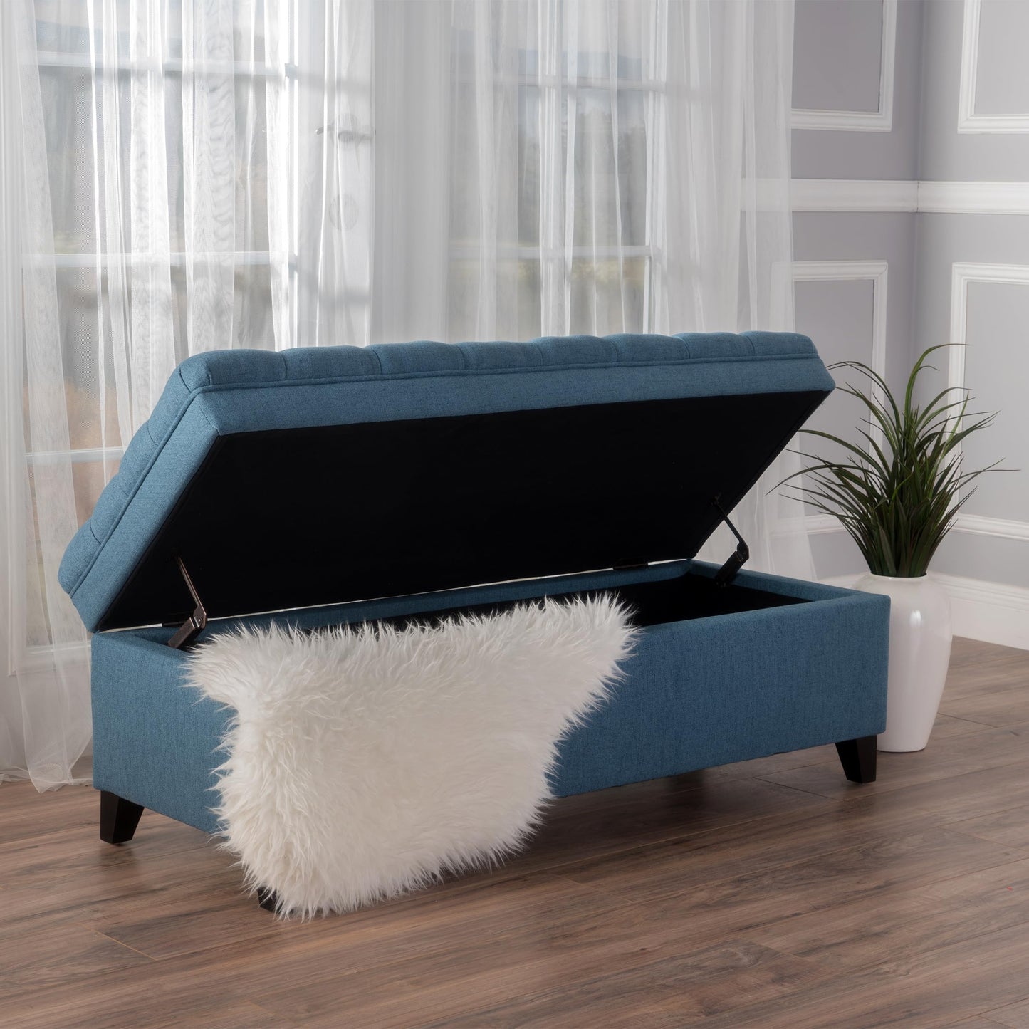 Ball & Cast 50" Upholstered Ottoman with Storage,Button Tufted End of Bed Bench with Safety Hinges and Wood Legs,Entryway Bench Extra Seating for Livingroom, Bedroom, Blue