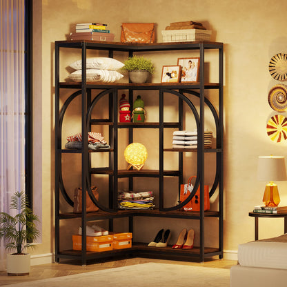 LITTLE TREE Large Corner Bookshelf Industrial Bookcase for Living Room Home Office,Brown