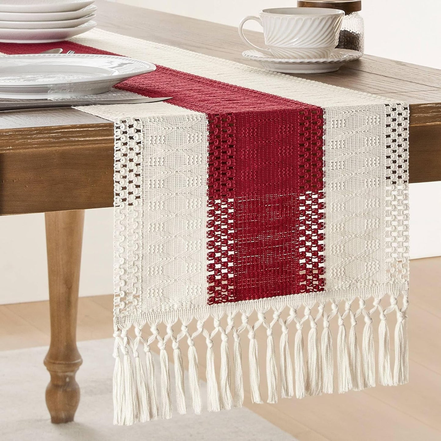 14 72 Inch 72 Inches ZeeMart Macrame Style Bicolor Stitching Table Runner, x Red/Ivory, Boho Red Table Runners Long