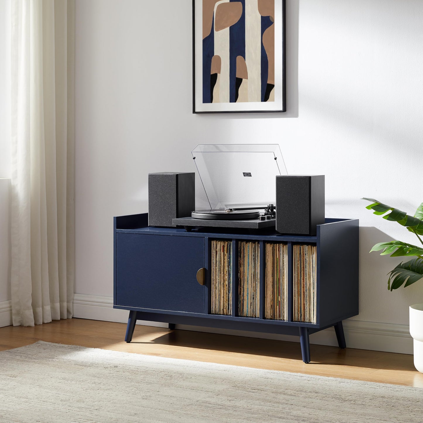Crosley Furniture Skylar Mid-Century Record Player Cabinet with Vinyl Storage, Turntable Stand for Records, Navy