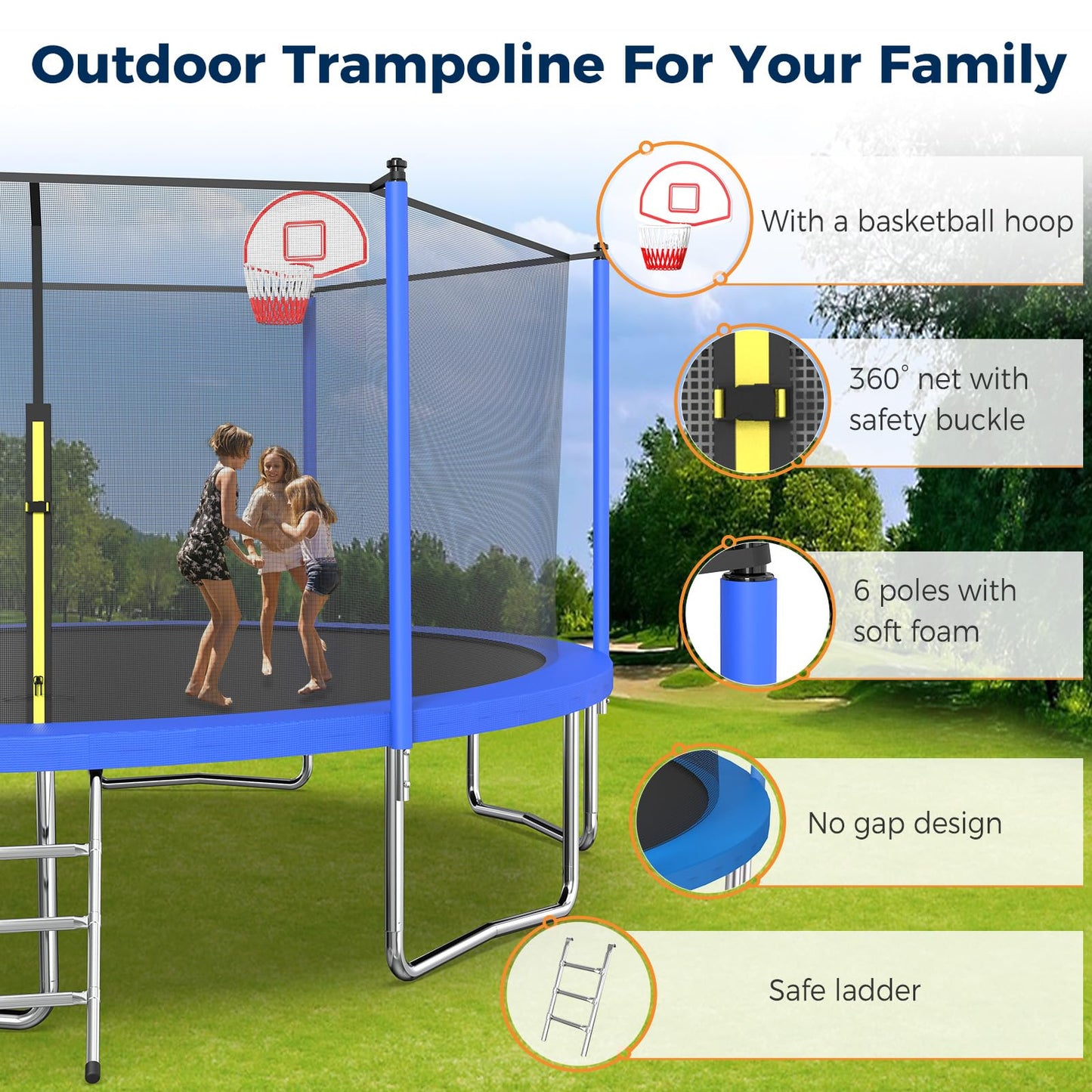 Tatub 14FT Trampoline for Kids and Adults, Outdoor Recreational Trampolines with Basketball Hoop & Enclosure Net, Blue