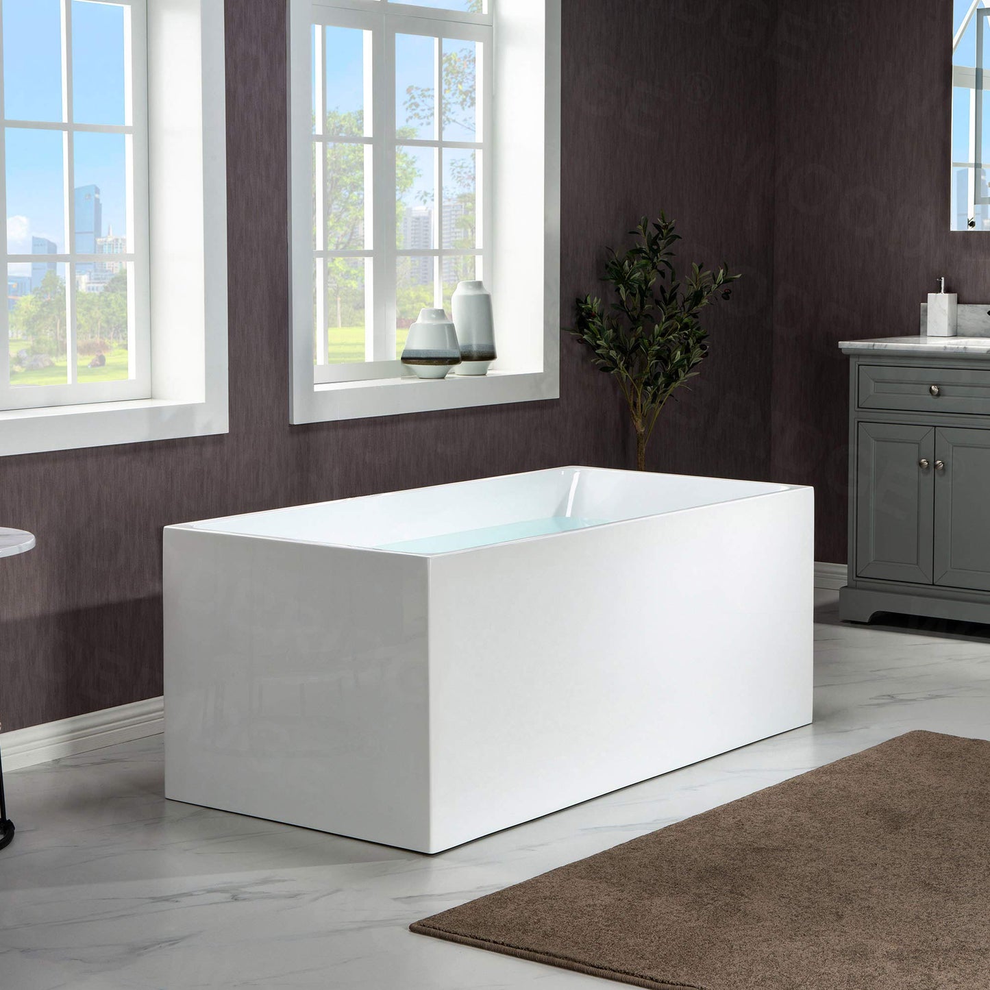 WOODBRIDGE 59" Acrylic Freestanding Bathtub Contemporary Soaking White Tub with Brushed Gold Overflow and Drain，B0085-BG-Drain&O