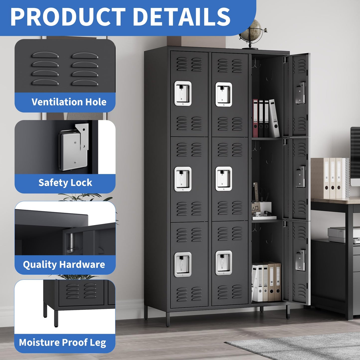 GarveeLife Employee Lockers for Office 9 Doors, Metal Sorage Locker Combination for Employees, Industries Double Tier Metal Locker for Home, School, Gym