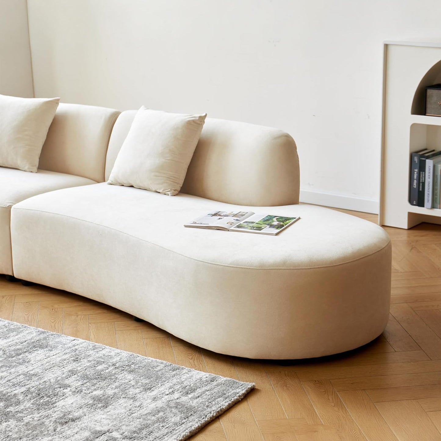 Container Furniture Direct 132" Curved Sofa with Throw Pillows, 6 Seater Luxury Velvet Couch with Half Moon Design and High-Density Foam, Ideal for Modern Living Room, Office & Apartment, Ivory