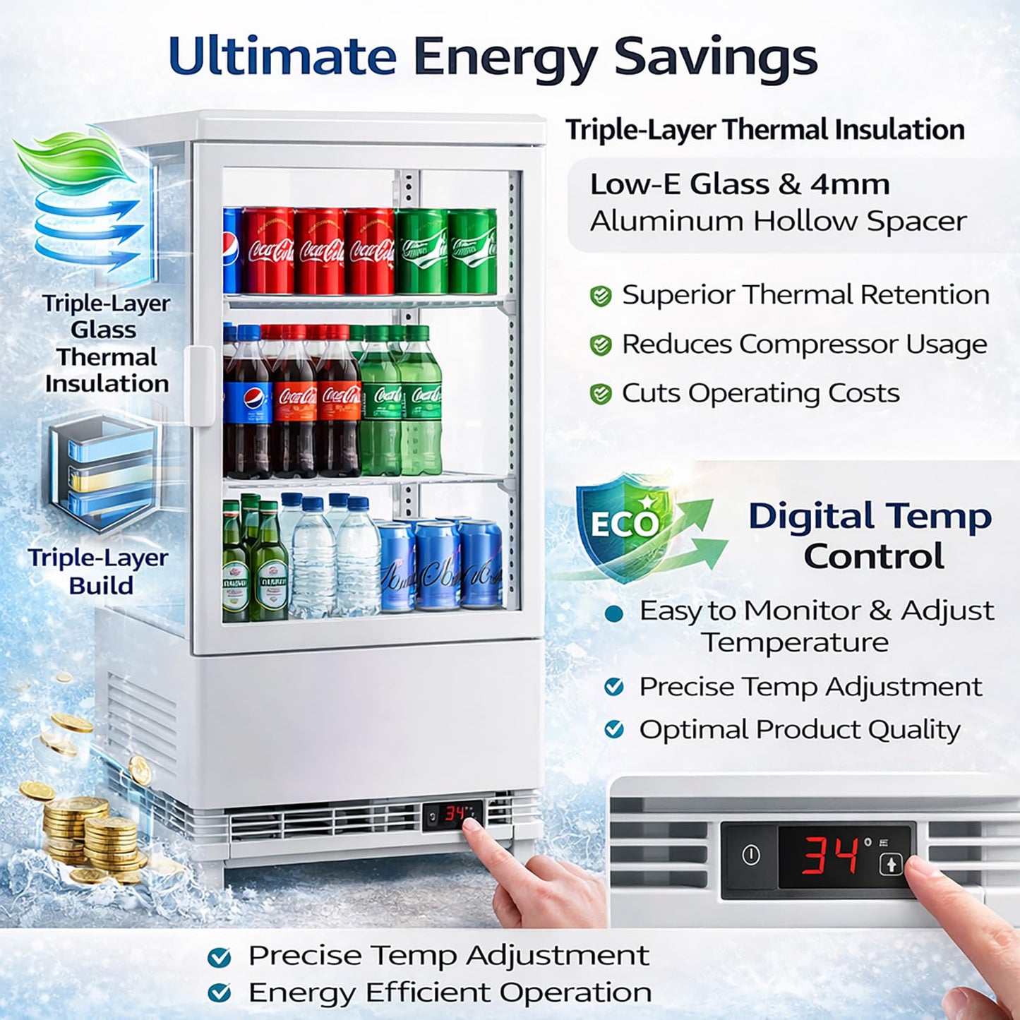 IDEALHOUSE 2.0 Cu.Ft. Countertop Bakery Display Refrigerator with LED Lighting, Rear Sliding Door, Air-Cooling, and Automatic Defrost for Cafes and Restaurants, White