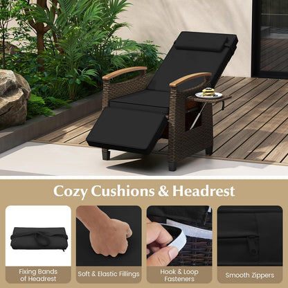 RELAX4LIFE Rattan Outdoor Recliner Chair - Wicker Chaise Lounge Chair w/Adjustable Back & Footrest, Acacia Wood Armrests, Flip Side Table, Cushion, Reclining Patio Chair for Pool Yard (2, Black)