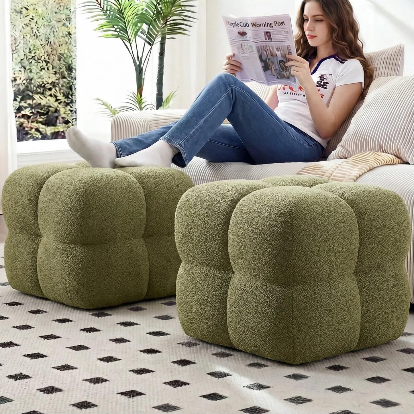 Zesthouse Square Pouf Ottomans Footstool Set of 2, Upholstered Poofy Ottoman for Couch Sofa, Modern Vanity Chair Backless for Living Room, Green Boucle Stool Foot Rest, Fabric Ottoman Coffee Table