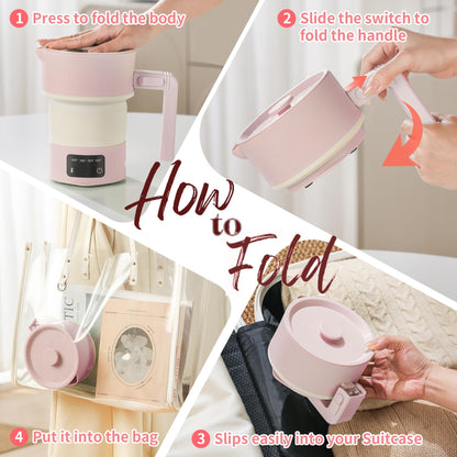 UPEZAN Travel Electric Kettle-Collapsible Portable Electric Kettle, 600W Foldable Small Water Boiler with 4-Temp Presets, Food Grade Silicone for Hotel, Office, Camping (Pink, 600mL)