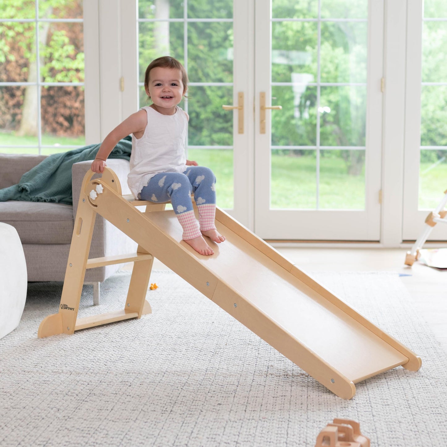 Little Partners 2-in-1 Folding Learn 'N Slide Wooden for Toddlers, Dual-Sided Children's Indoor Wood Climber with Smooth Surface and Side with Safety Grips (Natural)