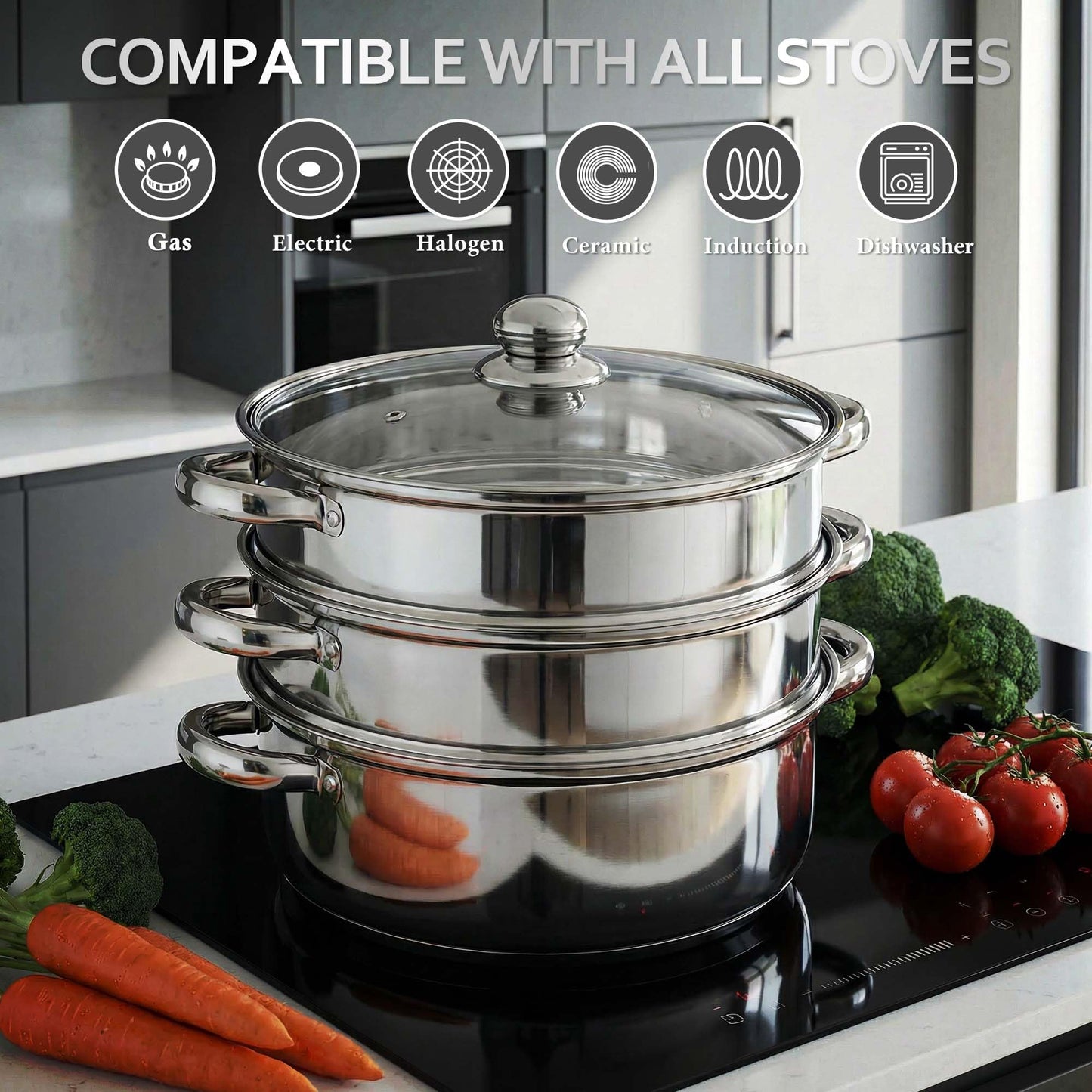 AuFranc® 5 Quart Steamer for Cooking - Stainless Steel Steam Pot with Steamer Basket, Multipurpose Cooking Stock Pot with Tempered Glass Lid, Non-Toxic Cookware for Slow Cooking and Steaming (Silver)