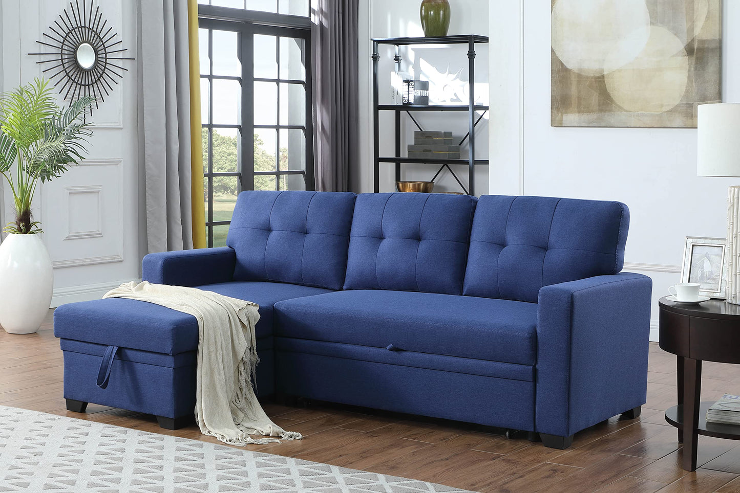 Acosure 82" Sleeper Couch with Pull Out Bed,L-Shape Upholstered Sectional Small Sofa W/Storage Chaise,Tufted Backrest Design,3 Seat Linen Convertible Sofas for Living Room Apartment Office,Blue