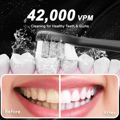 Sonic Electric Toothbrush for Adults and Kids, Comes with 10 Brush Heads & Travel Case, 5 Modes with 2 Minutes Built in Smart Timer, One Charge for 90 Days, 42,000 VPM Motor (Black)