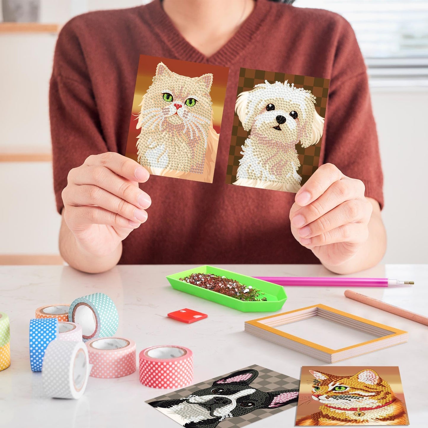 Saillong 24 Pcs Small Diamond Painting Kits Set Mini Diamond Art Set for Beginners, Full Paint Art 1-Hour Painting for Home Decor Desktop, 5.12x3.94 Inches(Cat and Dog)