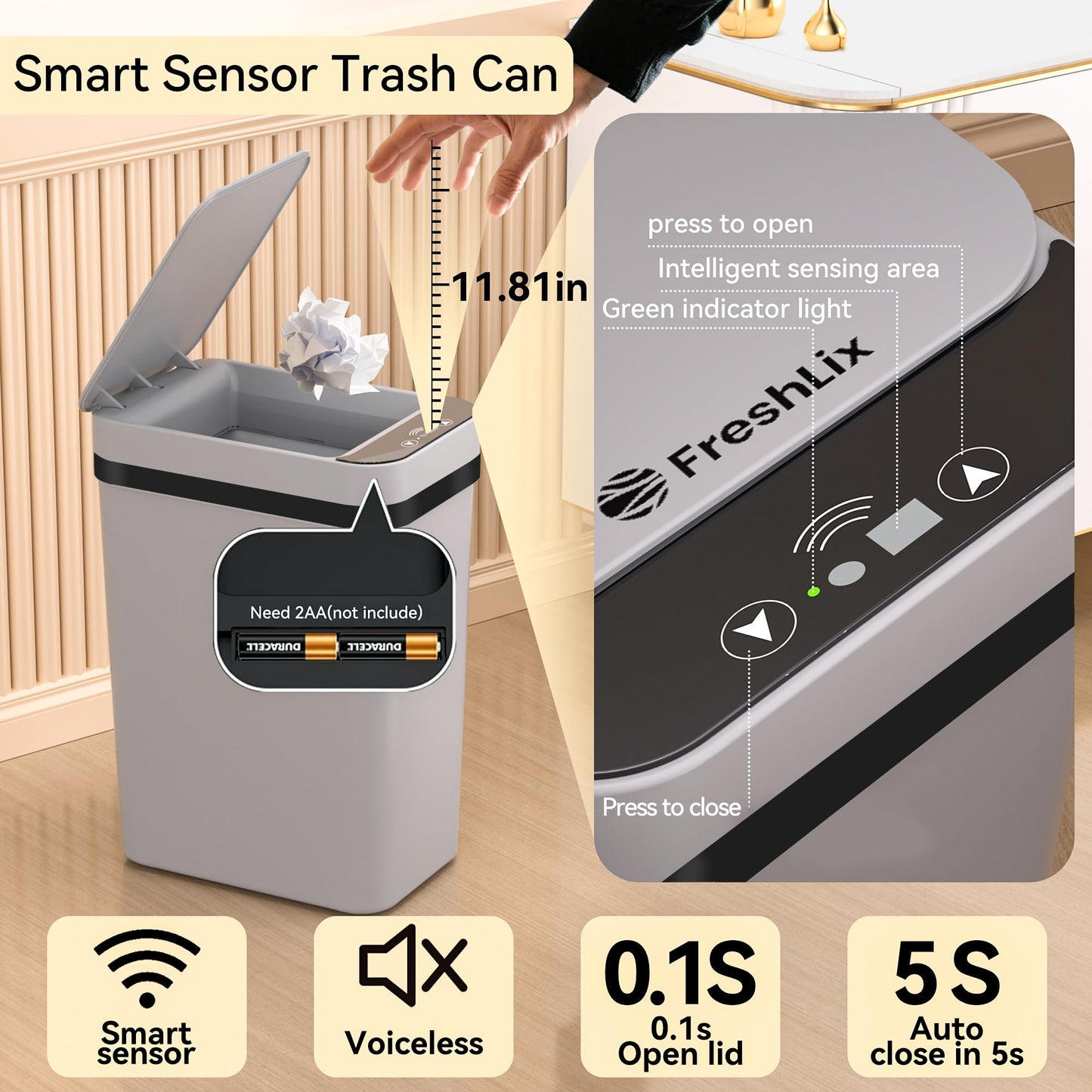 FRESHLIX 3 Pack Bathroom Trash Can 2.6 Gallon Small Touchless Automatic Motion Sensor Trash Cans Slim Waterproof Garbage Bin with Lid for Kitchen, Office, Bedroom Black White Grey