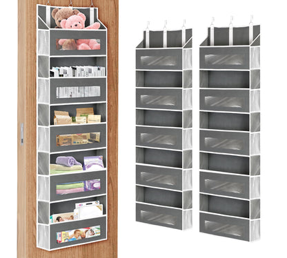 2 Packs 5-Tier Over The Door Organizer with 10 Side Mesh Pockets, 48 lbs Load Capacity, 3 Hooks Design, Hanging Organizer with Clear Windows for Bathroom, Bedroom, Nursery, Kitchen-Grey