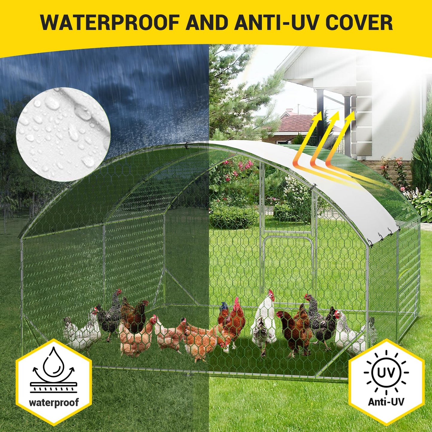 Large Metal Chicken Coop, Chicken Runs for Yard with Cover, Large Chicken Run with Double Door and Upgrade Tri-Supporting, Walk in Chicken Coop for Outdoor Farm Yard (9.8'L x 13.1'W x 6.6'H)