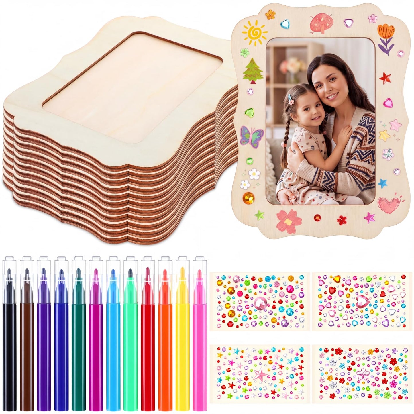 Yalikop 12 Pack Wooden Picture Frames Painting Craft Kit with Stickers DIY Wood Craft Picture Frames Bulk for 4" x 6" Photos Unfinished Standing Photo DIY Crafts for Birthday Mother's Day Gift