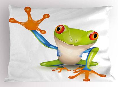 Lunarable Cartoon Pillow Sham, Green Aqua Little Tree Frog Graphic Print, Decorative Standard Size Pillowcase 26" X 20"