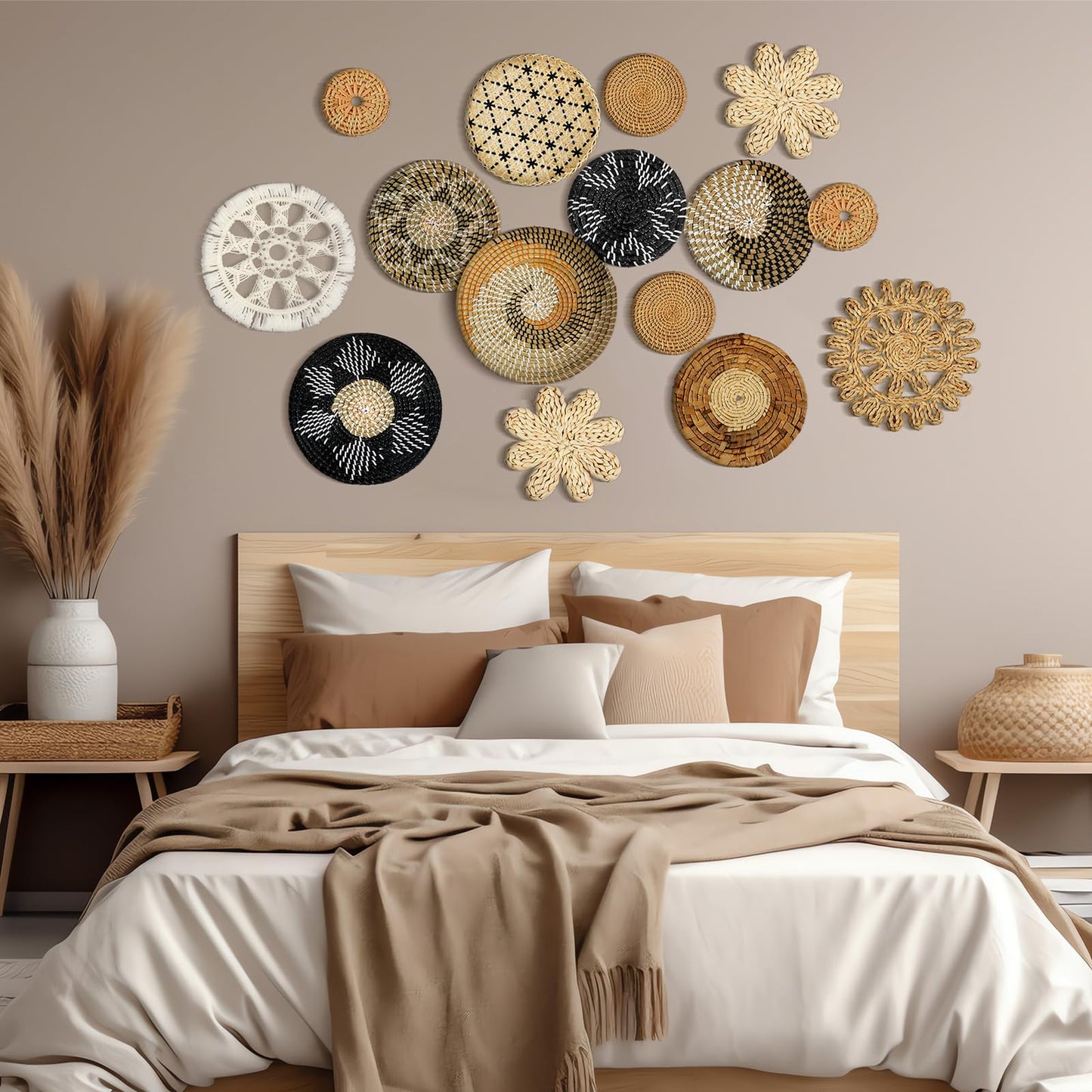 Xuhal 15 Pcs Boho Wall Basket Decor Handcrafted Seagrass Woven Wall Basket Rustic Round Woven Hanging Art for Home Farmhouse Kitchen Table Living Room(Stylish Style)