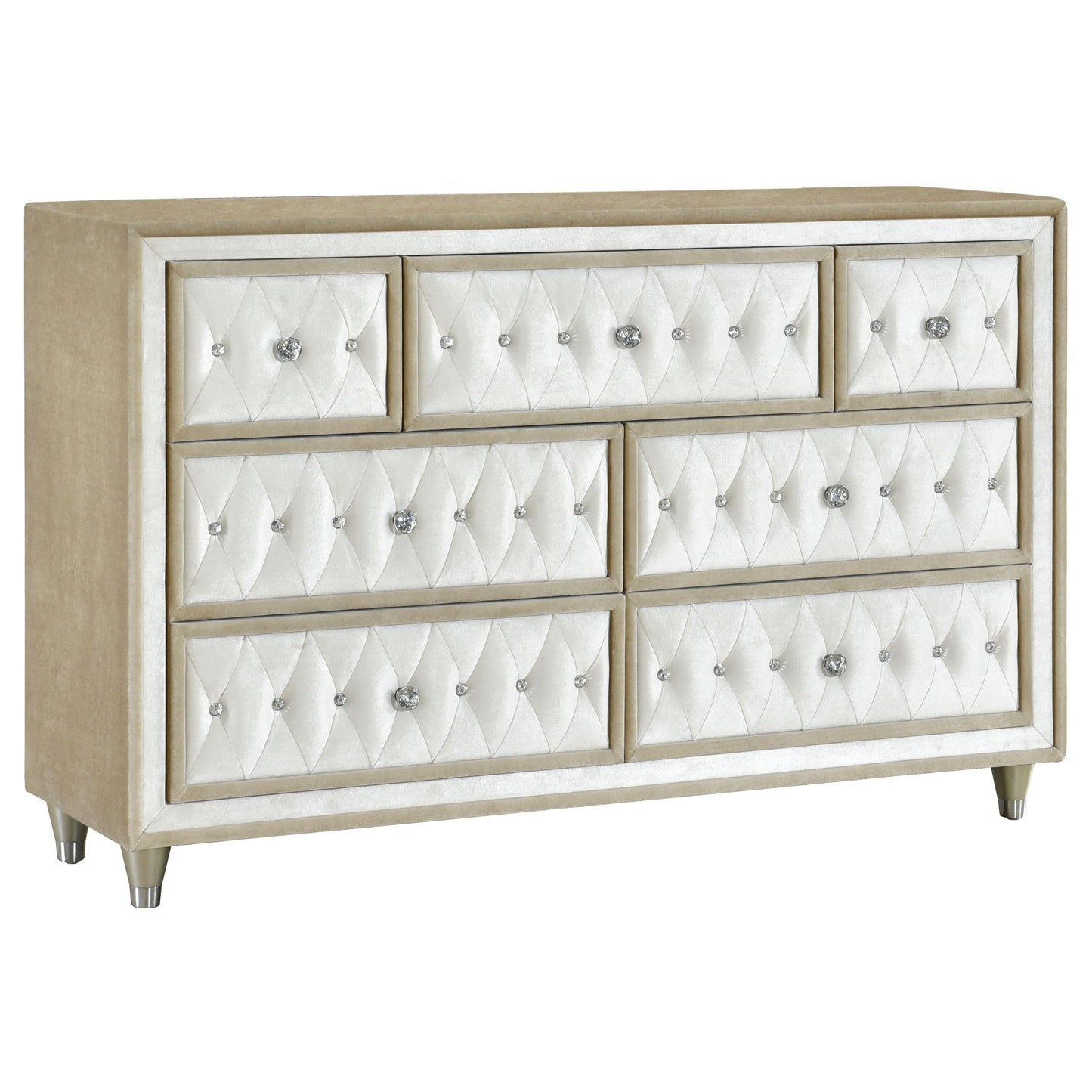 Coaster Home Furnishings - Antonella - Engineered Wood - 7-Drawer Upholstered Dresser with Modern Classic Style, Button-Tufted Details, Faux Crystal Accents - Bedroom - Ivory and Camel - 223523