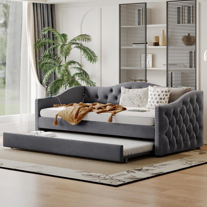 GDFStudio Twin Size Bed Frame with Trundle, Upholstered Twin Daybed with USB Charging Station, Diamond Tufted Velvet Sofa Bed, Wood Platform Twin Bed Frame with Solid Slat, No Box Spring Needed, Gray