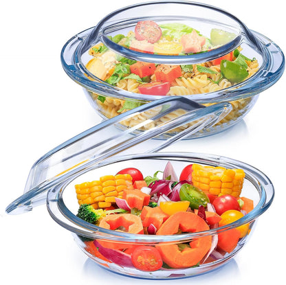 Skiennix 2-Piece Glass Casserole Dish Set - 1 Liter Round Oven Safe Bakeware with Lid & Handles