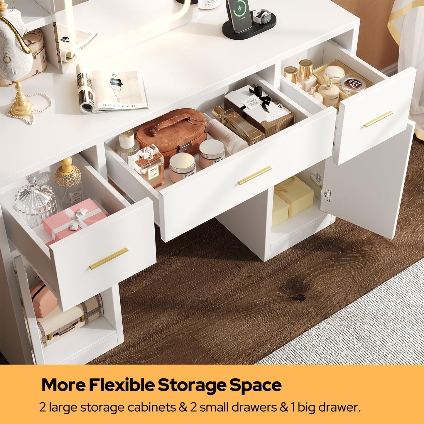 knoworld Vanity Desk with Sliding Mirror & LED Lights, Smart Makeup Table with Charging Station, Hairdryer Holder, 7 Shelves, 3 Drawers, 2 Cabinets, Vanity with Extra Hidden Stroage for Bedroom,White